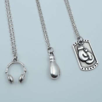 3lü Kulaklık Boks Eldiveni Künye Kadın Erkek Gümüş Kaplama Kolye Seti  -