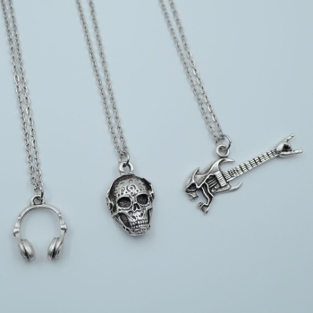 3lü Kulaklık Kuru Kafa Gitar Dj Kuru Kafa Gümüş Kaplama Kolye Seti
