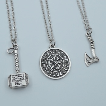 3lü Thor Çekiç Viking Balta Viking Pusula Gümüş Kaplama Kolye Seti
