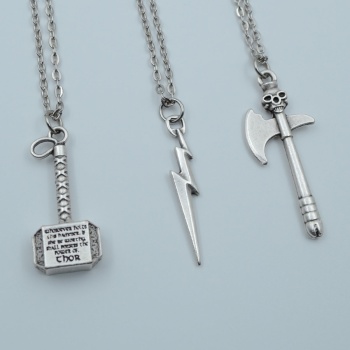 3lü Thor Çekiç Flash Şimşek Kuru Kafa Balta Gümüş Kaplama Kolye Seti