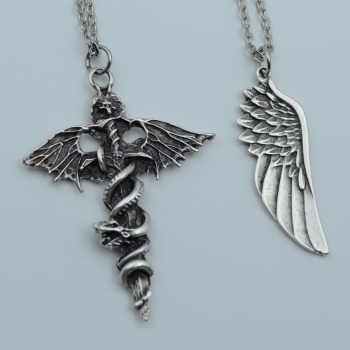 2li Kılıç Yarasa Yılan Büyük Kanat Gümüş Kaplama Kolye Seti