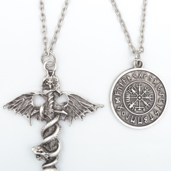 2li Kılıç Yarasa Yılan - Viking Pusula Gümüş Kaplama Kolye Seti