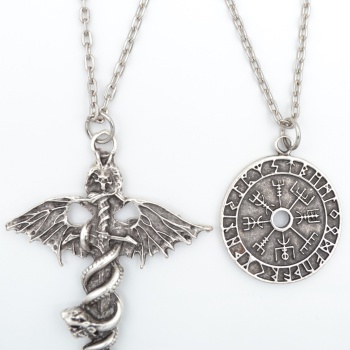 2li Viking Pusula Sembol - Kılıç Yarasa Yılan Gümüş Kaplama Kolye Seti