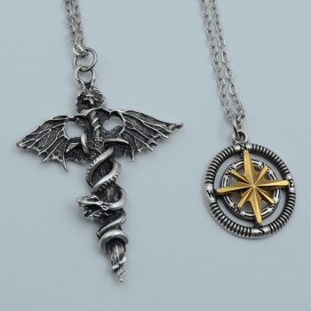 2li Kılıç Yarasa Yılan Pusula Kutup Yıldızı Gümüş Kaplama Kolye Seti