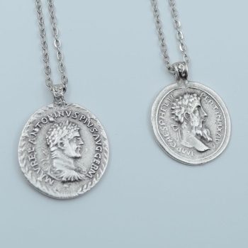 2’li Antik Roma Sikkesi Madalyon Gümüş Kaplama Kolye Seti