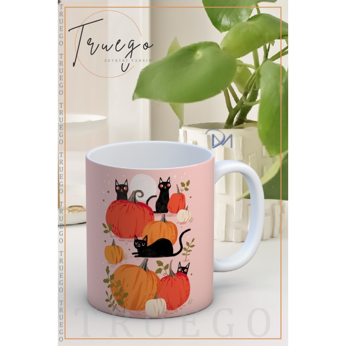 Baskılı Kupa Bardak Seramik Mug - Halloween Kedi ve Balkabağı