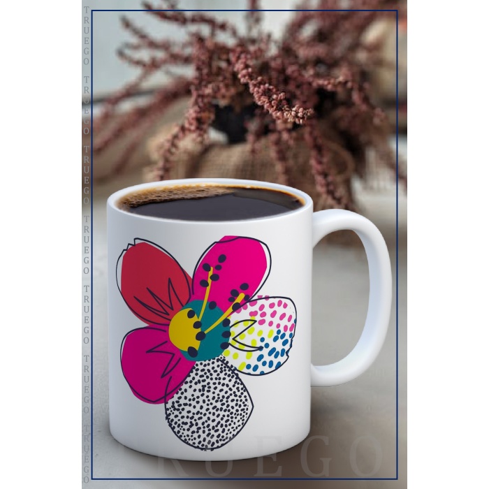 Baskılı Kupa Bardak Seramik Mug - Soyut Çiçek