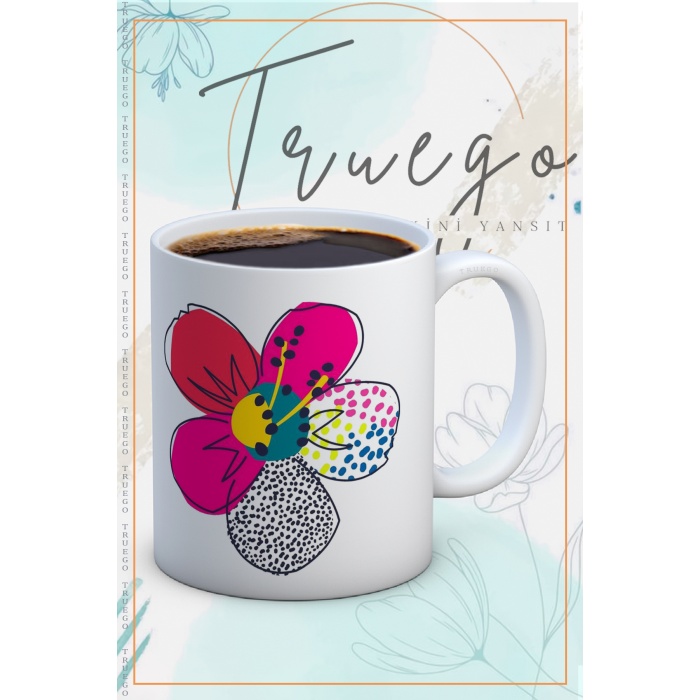 Baskılı Kupa Bardak Seramik Mug - Soyut Çiçek