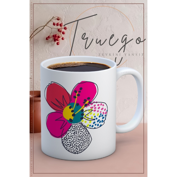 Baskılı Kupa Bardak Seramik Mug - Soyut Çiçek