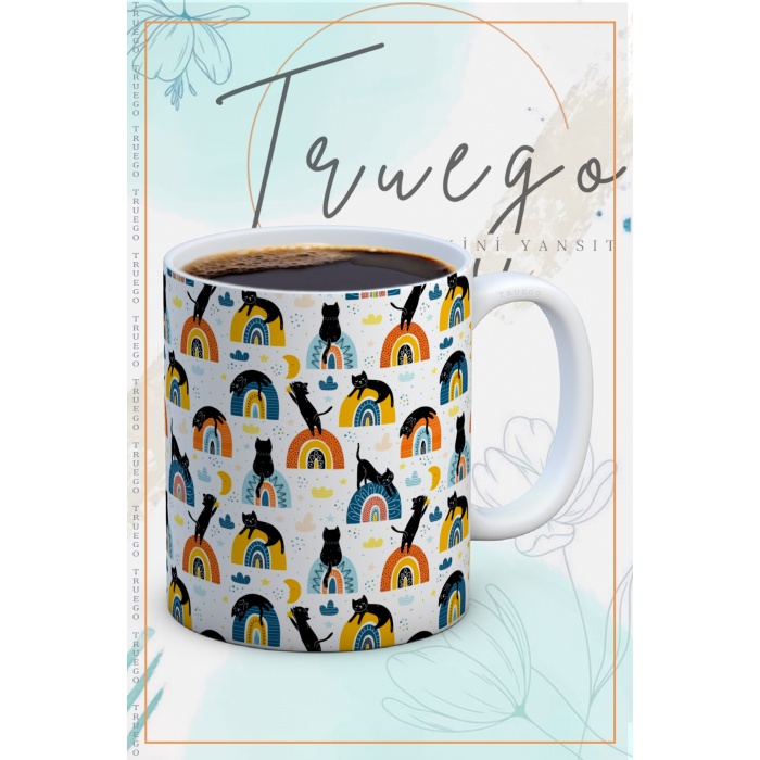 Baskılı Kupa Bardak Seramik Mug - Kedili Gökkuşağı