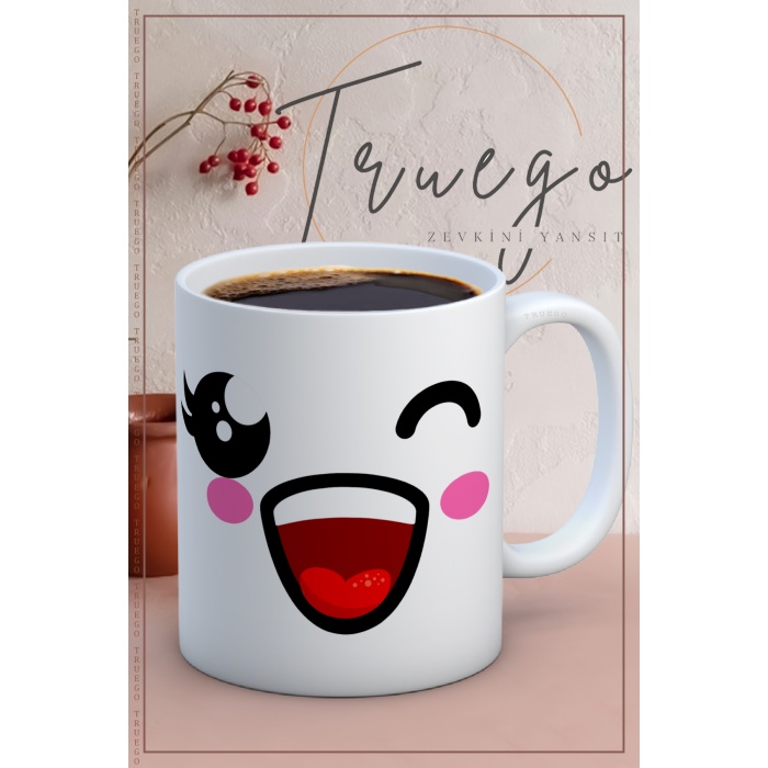 Baskılı Kupa Bardak Seramik Mug - Çok Mutlu Emoji
