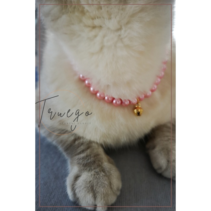 Cam İnci Kedi Kolyesi Zilli Kedi Tasması - Somon