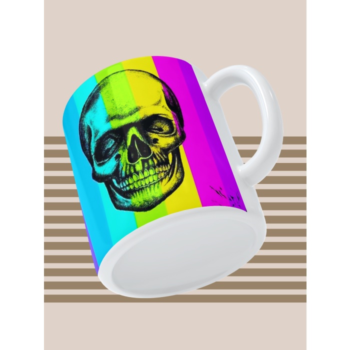 Baskılı Kupa Bardak Seramik Mug - Renkli Arkaplan Kurukafa