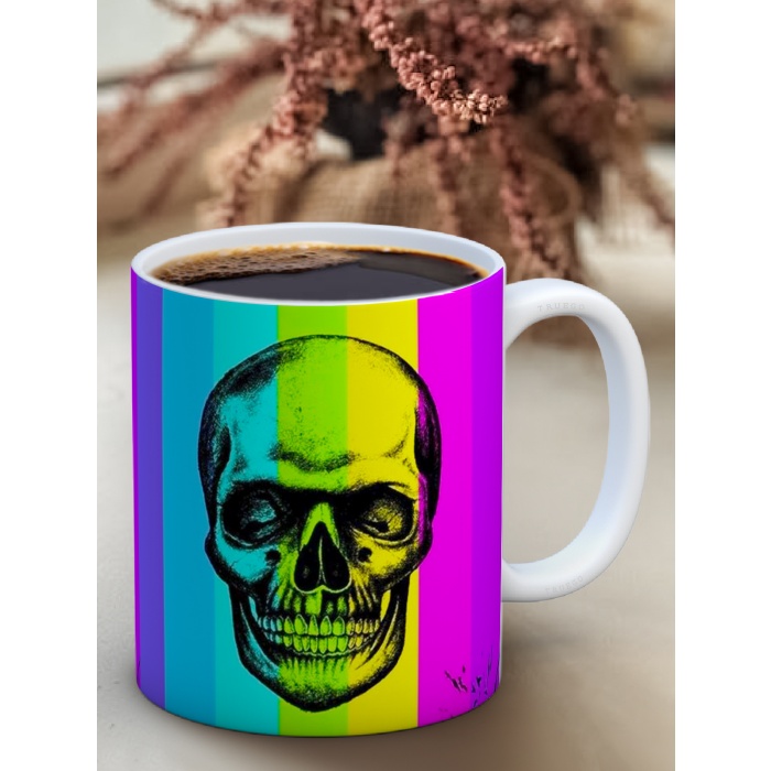 Baskılı Kupa Bardak Seramik Mug - Renkli Arkaplan Kurukafa