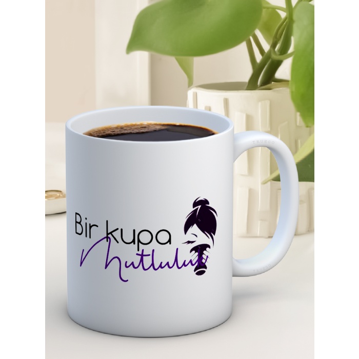 Baskılı Kupa Bardak Seramik Mug - Bir Kupa Mutluluk