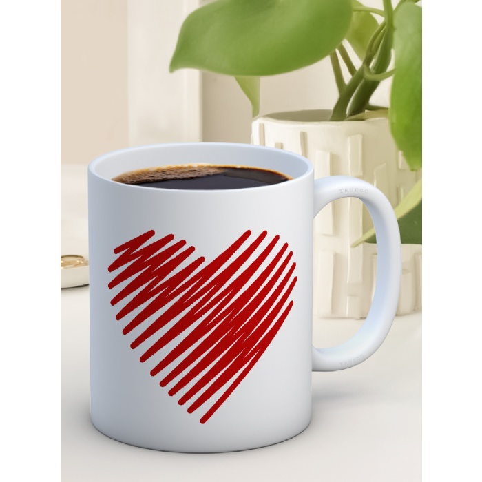 Kupa Bardak Seramik Mug - Çizgi Kırmızı Sevgi Kalp