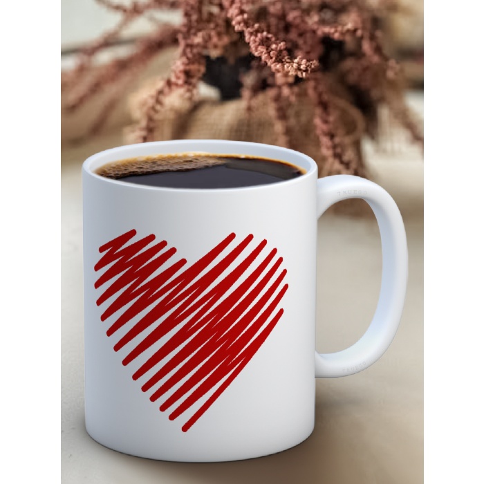 Kupa Bardak Seramik Mug - Çizgi Kırmızı Sevgi Kalp