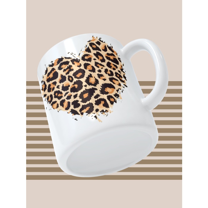 Baskılı Kupa Bardak Seramik Mug - Leopar Kalp
