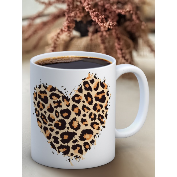 Baskılı Kupa Bardak Seramik Mug - Leopar Kalp