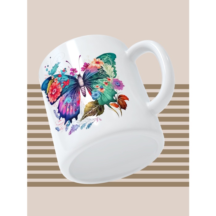 Baskılı Kupa Bardak Seramik Mug - Renkli Kelebekler