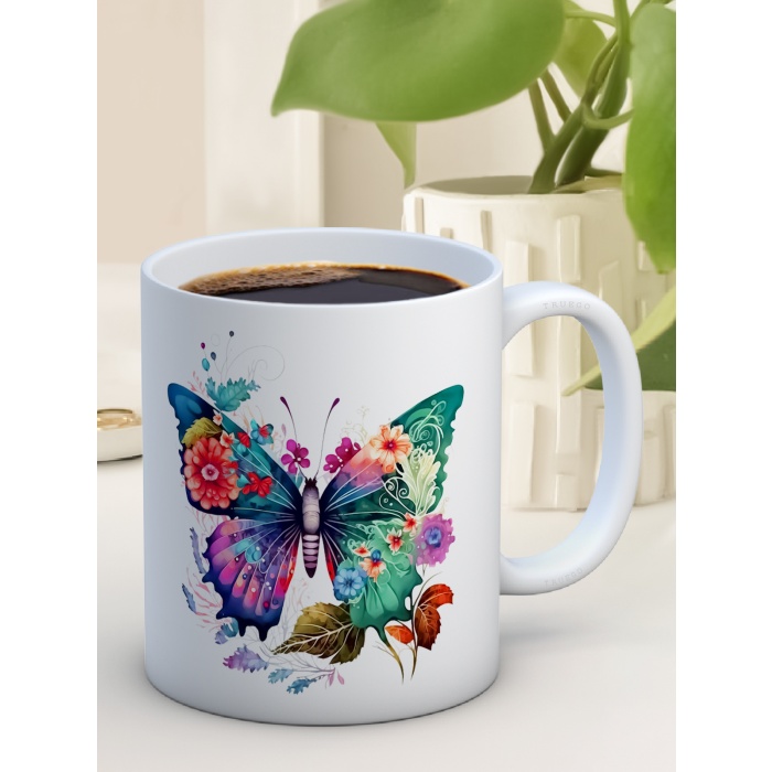 Baskılı Kupa Bardak Seramik Mug - Renkli Kelebekler