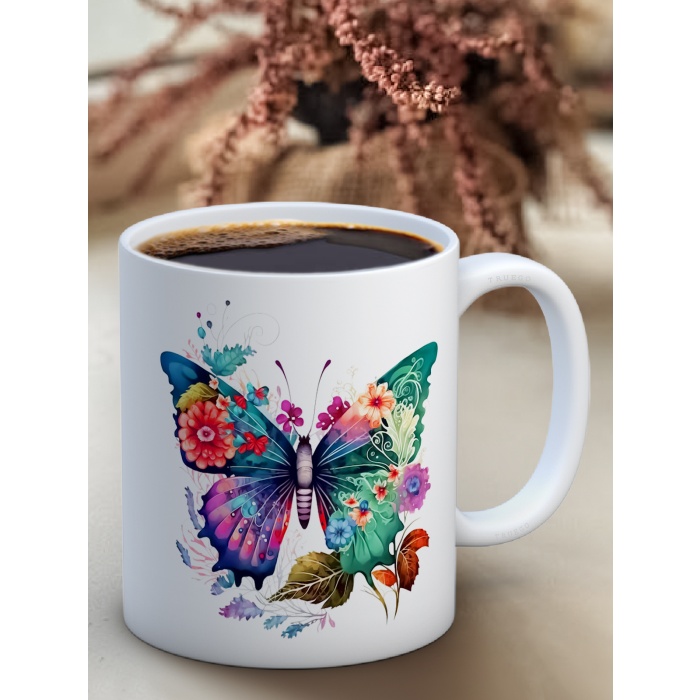 Baskılı Kupa Bardak Seramik Mug - Renkli Kelebekler