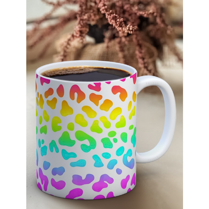 Baskılı Kupa Bardak Seramik Mug - Renkli Leopar Desen