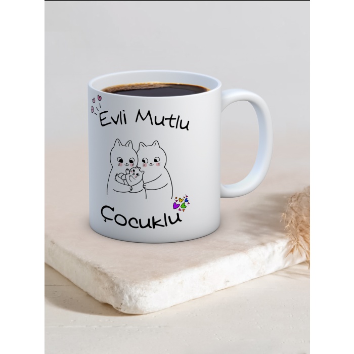 Baskılı Kupa Bardak Seramik Mug -Evli, Mutlu Çocuklu..