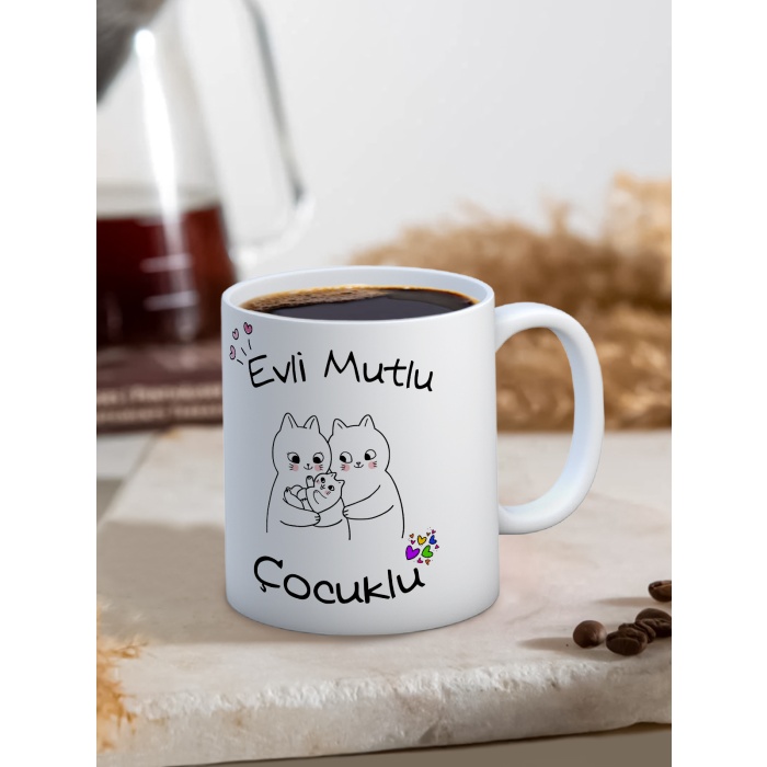 Baskılı Kupa Bardak Seramik Mug -Evli, Mutlu Çocuklu..