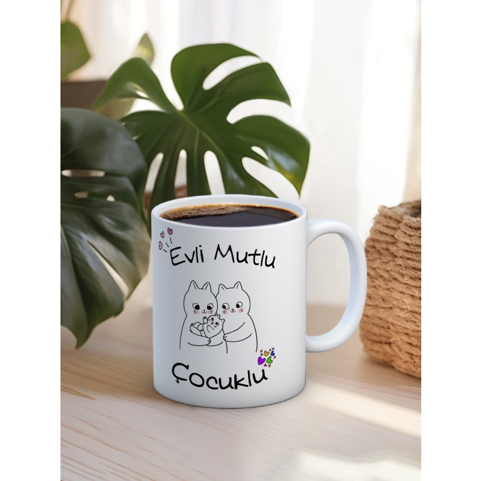 Baskılı Kupa Bardak Seramik Mug -Evli, Mutlu Çocuklu..