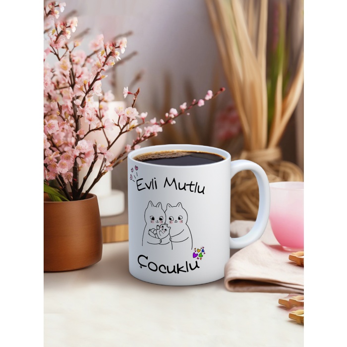 Baskılı Kupa Bardak Seramik Mug -Evli, Mutlu Çocuklu..