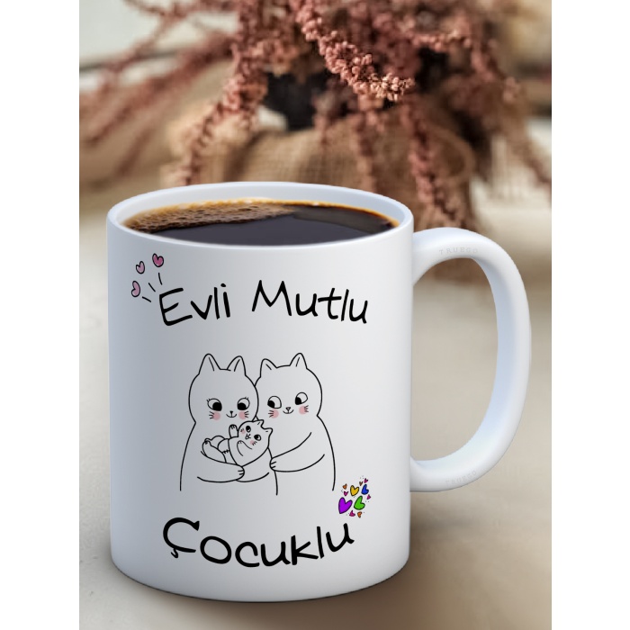 Baskılı Kupa Bardak Seramik Mug -Evli, Mutlu Çocuklu..