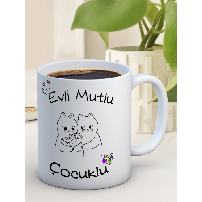 Baskılı Kupa Bardak Seramik Mug -Evli, Mutlu Çocuklu..