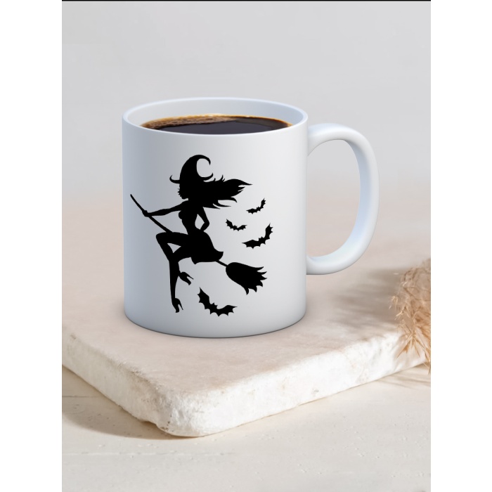 Baskılı Kupa Bardak Seramik Mug - Süpürgeli Cadı