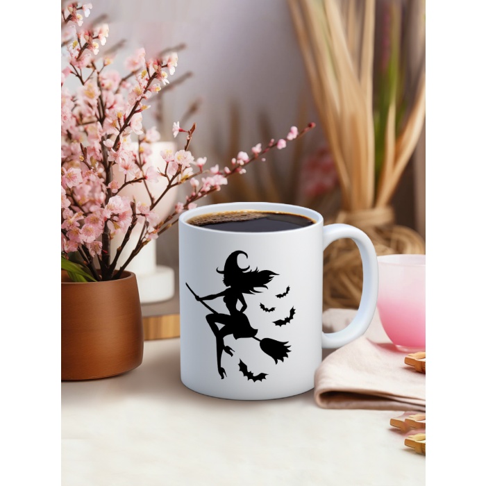 Baskılı Kupa Bardak Seramik Mug - Süpürgeli Cadı