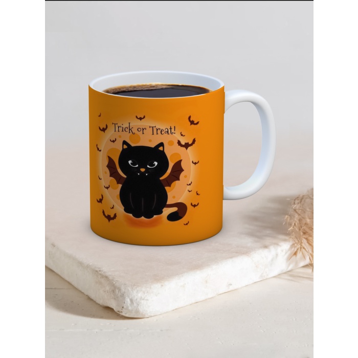 Baskılı Kupa Bardak Seramik Mug - Halloween Kedi