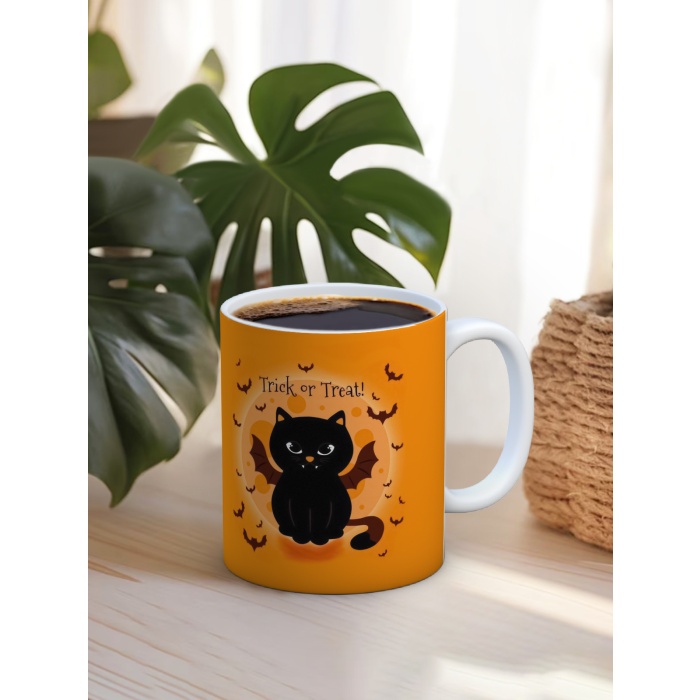 Baskılı Kupa Bardak Seramik Mug - Halloween Kedi