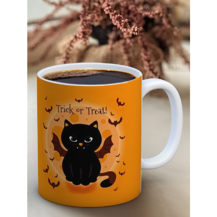 Baskılı Kupa Bardak Seramik Mug - Halloween Kedi