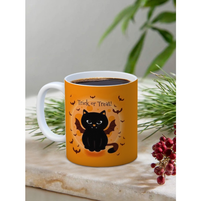 Baskılı Kupa Bardak Seramik Mug - Halloween Kedi