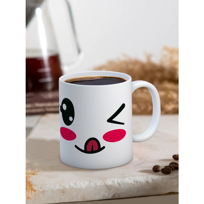 Baskılı Kupa Bardak Seramik Mug - Göz Kırpan Emoji