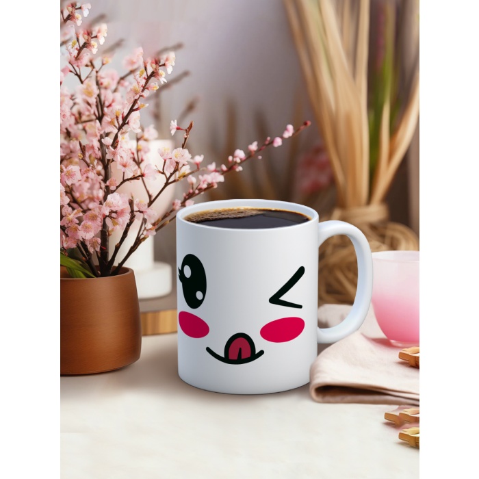 Baskılı Kupa Bardak Seramik Mug - Göz Kırpan Emoji