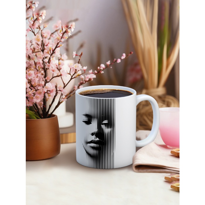 Baskılı Kupa Bardak Seramik Mug - Siyah Beyaz Çizgi Portre