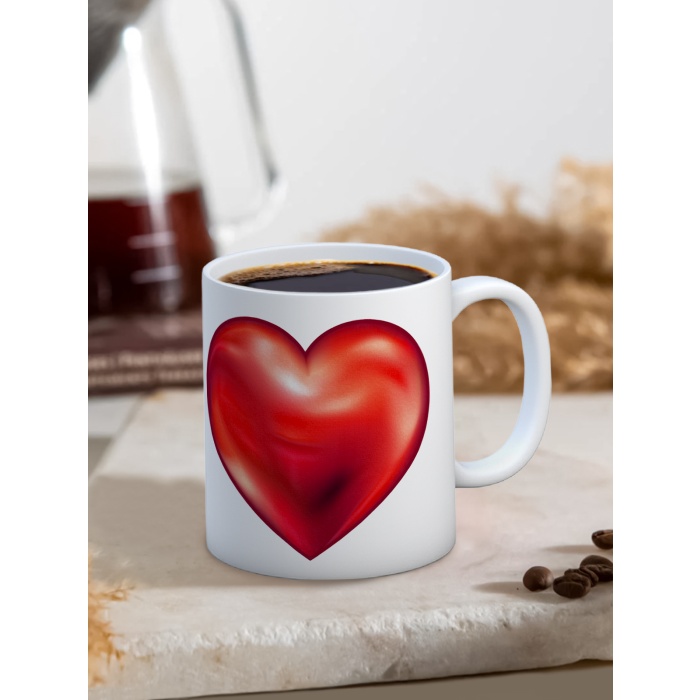 Baskılı Kupa Bardak Seramik Mug - 3D Kırmızı Kalp