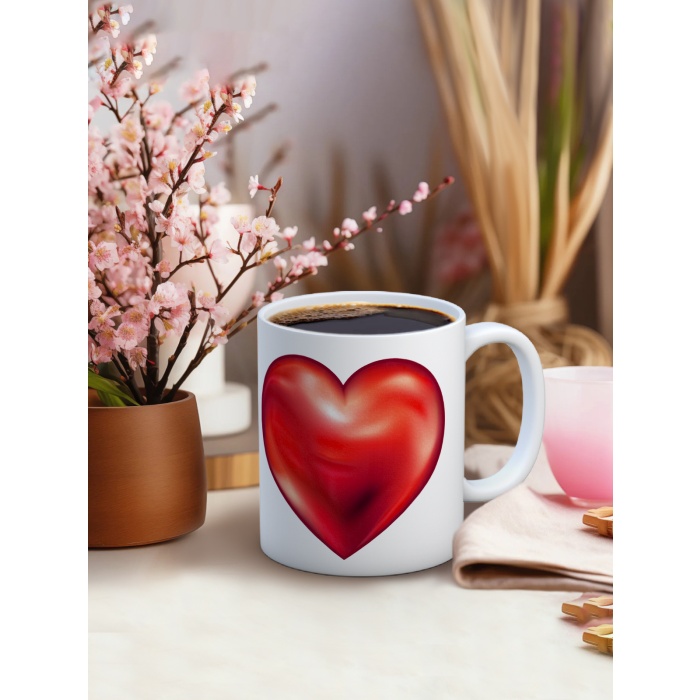 Baskılı Kupa Bardak Seramik Mug - 3D Kırmızı Kalp