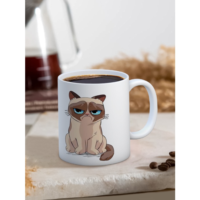 Baskılı Kupa Bardak Seramik Mug - Somurtgan Kedi