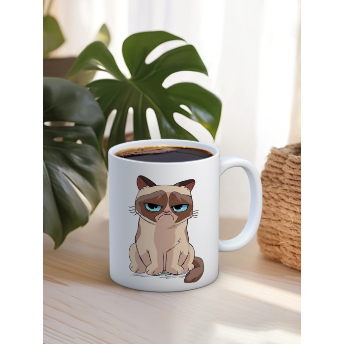 Baskılı Kupa Bardak Seramik Mug - Somurtgan Kedi