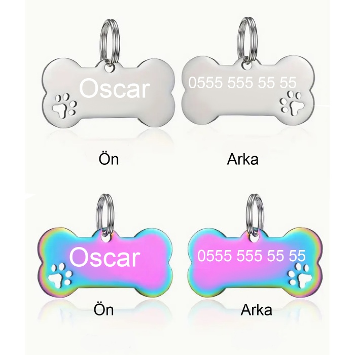 Kişiye Özel Kemik Model Patili Çelik Kedi Köpek Künyesi