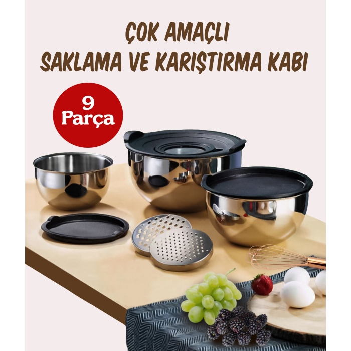 9 Parça Rendeli Karıştırma ve Saklama Kabı (16-20-24 cm)