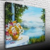 Masadaki Çiçekler ve Göl Manzarası Yağlıboya Kanvas Tablo 50 x 70