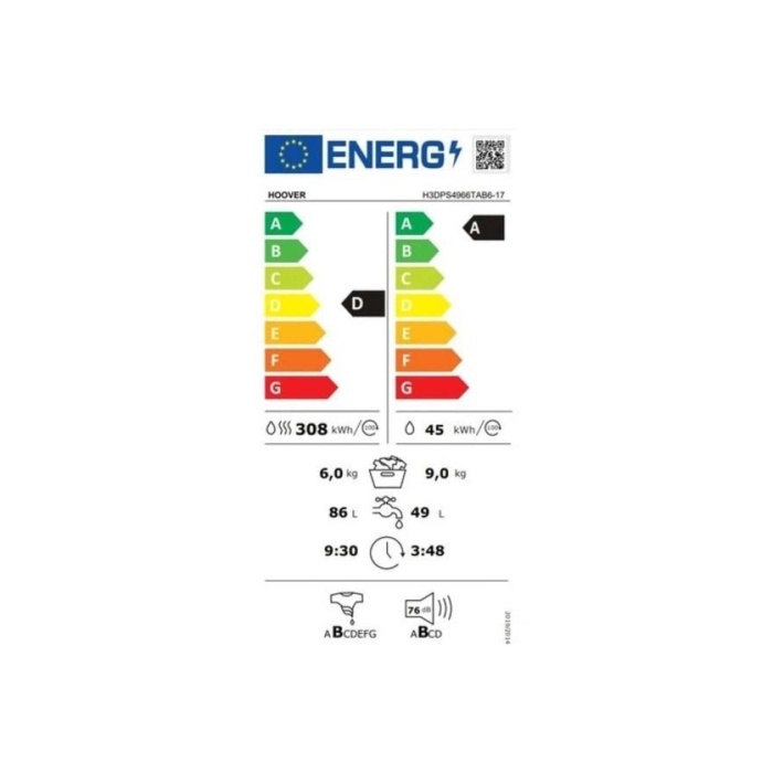 H3DPS4966TAB6 9 kg Yıkama 6 kg Kurutma Wi-Fi + Bluetooth Bağlantılı 1400 Devir Kurutmalı Çamaşır M.